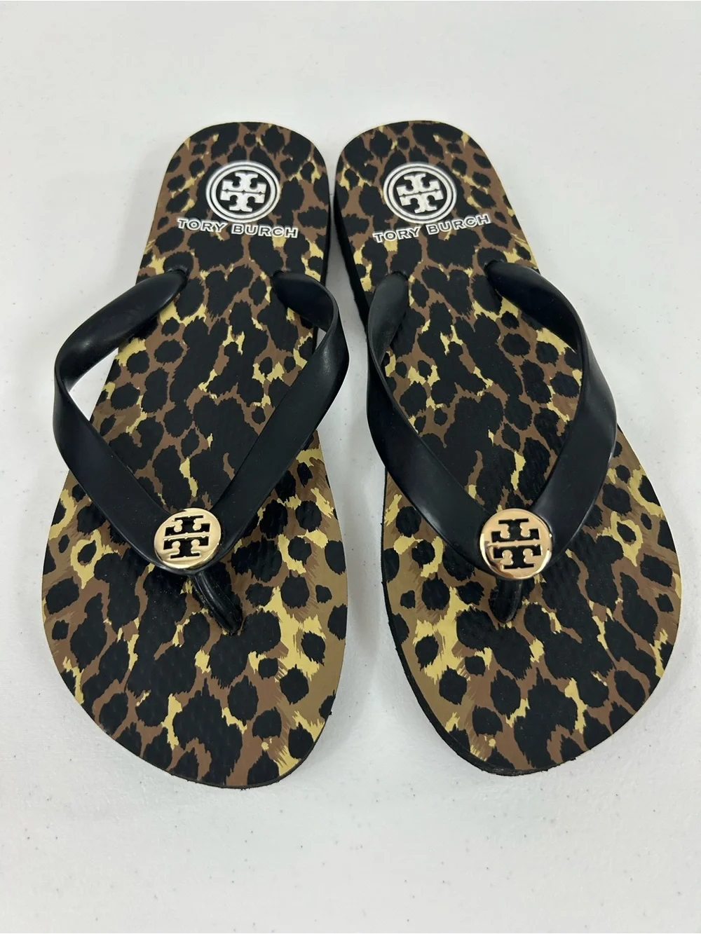 Tory Burch Black Wildlife Print Flip Flops